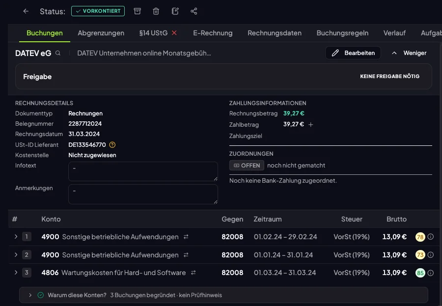 Beleg · vorkontiert – Originalansicht aus runprise, Beispieldaten