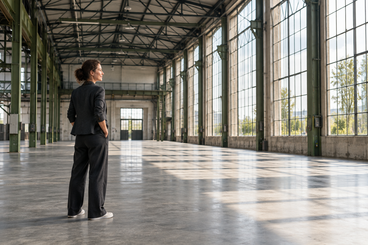 Eine Unternehmerin blickt in eine große, noch leere Halle – Raum für den nächsten Schritt ihres Unternehmens.