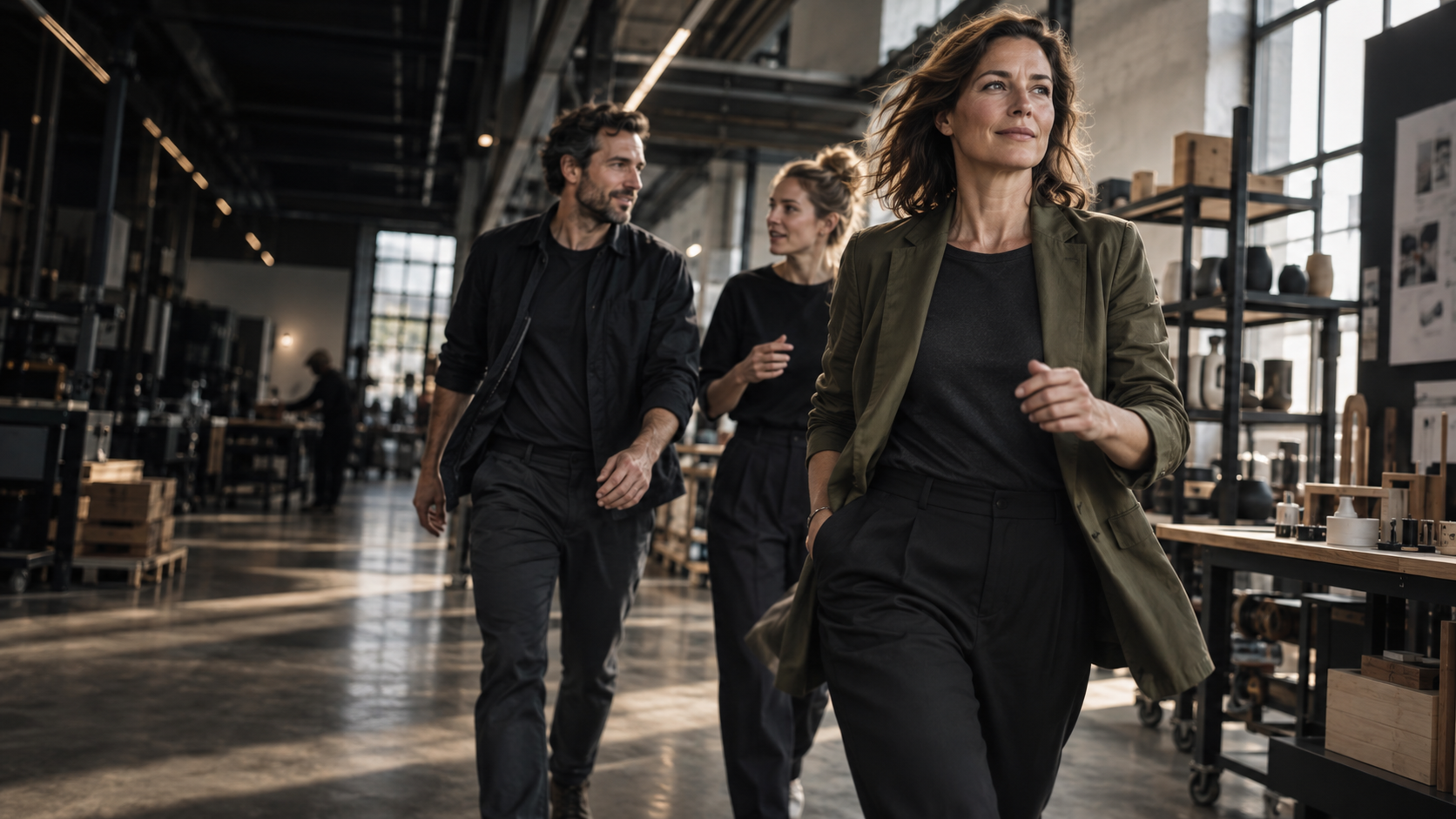 Eine Unternehmerin geht mit ihrem Team durch einen Produktionsbetrieb